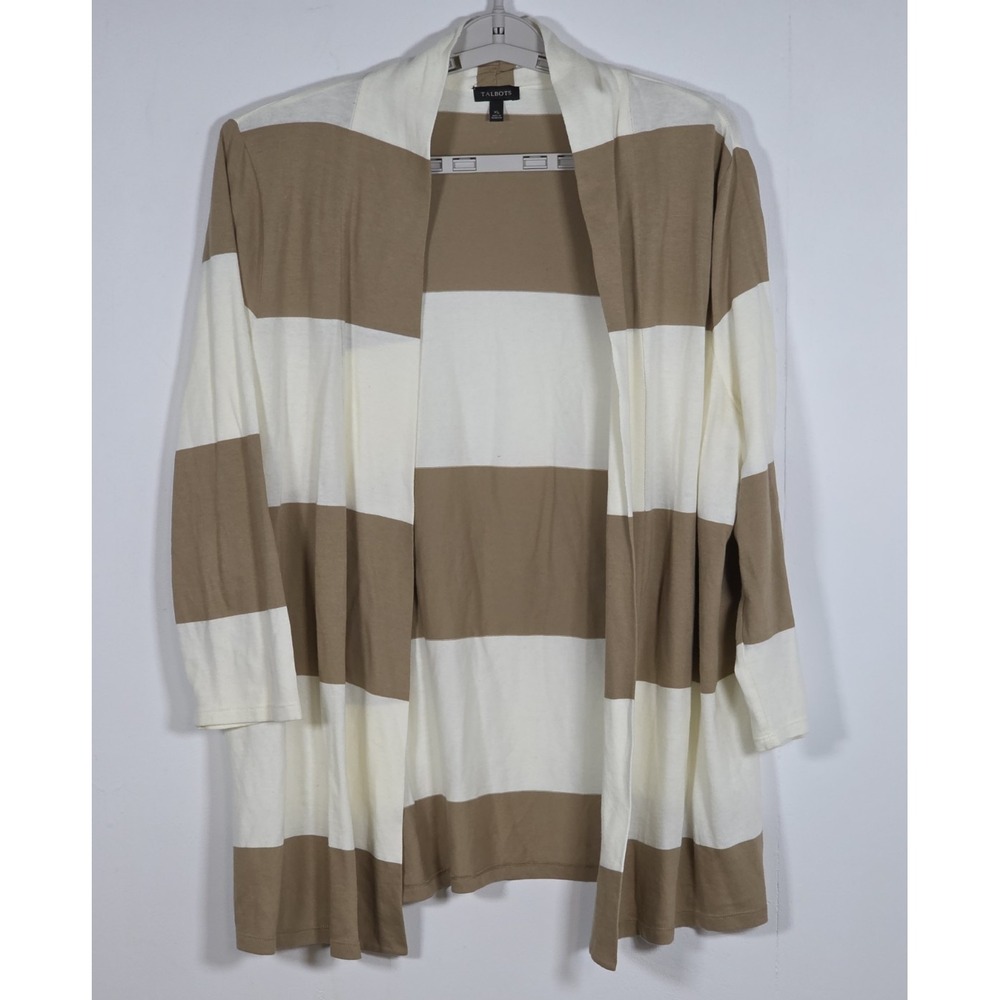Talbots Women XL Cardigan Sweater Tan White Striped Lightweight Knit Casual Soft